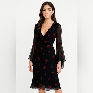 Express Midi Dress floral bell 100% Silk Whimsigoth Fairy Romantic Goth witch